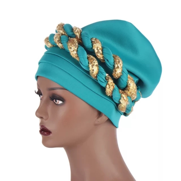 Teal blue and gold Sequins Braids Aso Oke Headtie African Auto Gele Headwraps - Picture 1 of 5